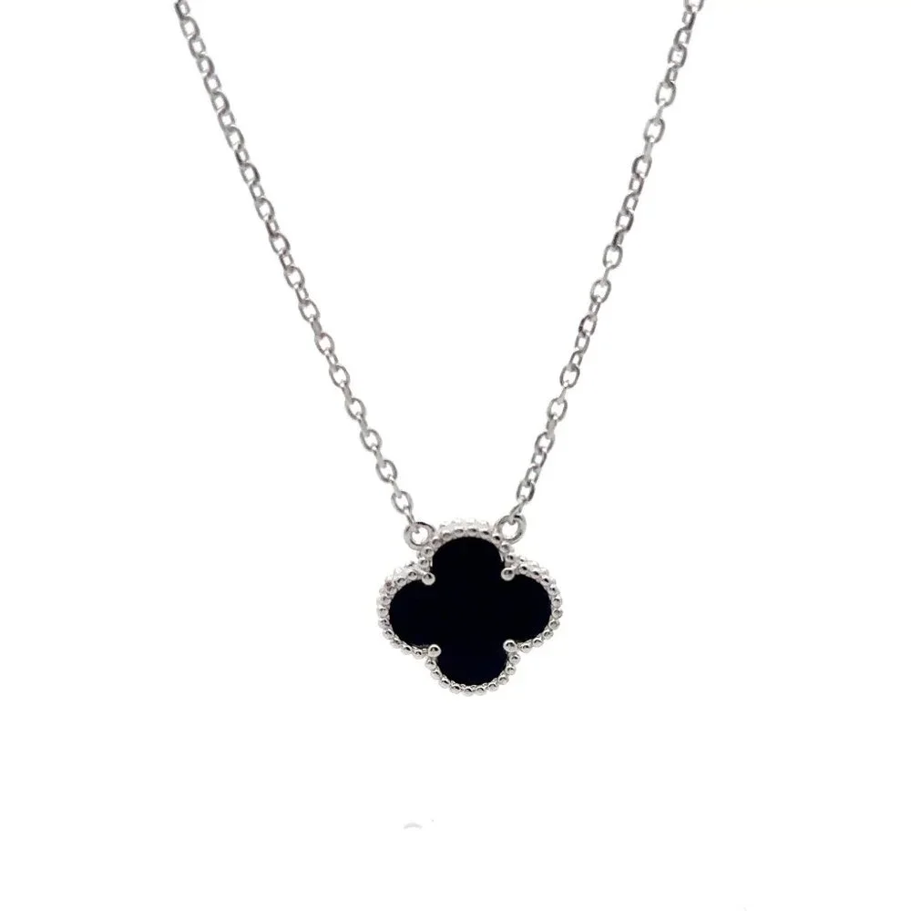 925 Sterling Silver Necklace 17 inches Chain Black Agate Clover Pendant - Picture 4 of 5